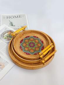 1pc Rattan Handwoven Round Serving Tray Food Storage Plate With Wooden Handles Wicker Basket Wooden Tray For Fruit Breadbasket - Coffee Brown - View 5