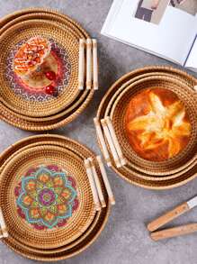 1pc Rattan Handwoven Round Serving Tray Food Storage Plate With Wooden Handles Wicker Basket Wooden Tray For Fruit Breadbasket - Coffee Brown - View 1