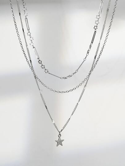 1入組多層銀色手工鏈條項鍊，帶太陽和星星吊飾，適合女士日常佩戴