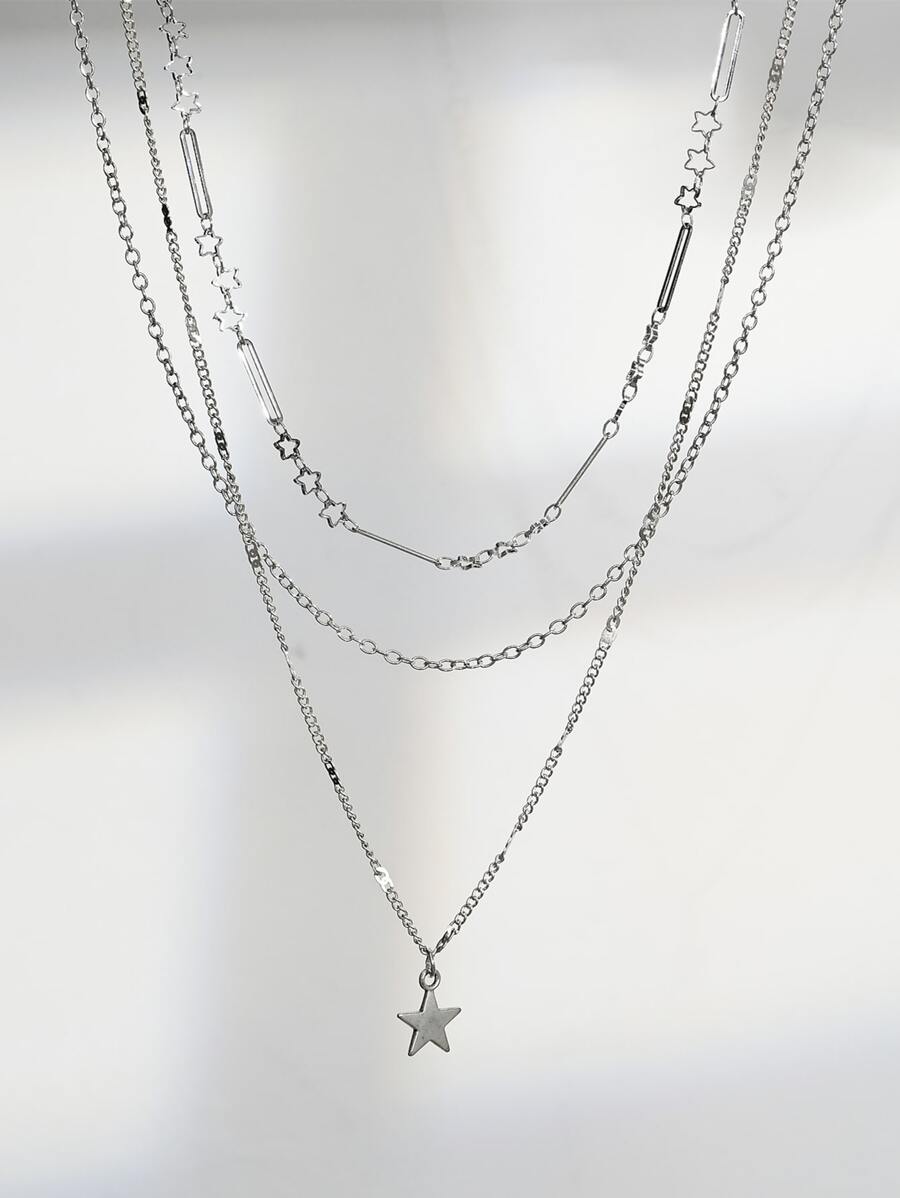 1入組多層銀色手工鏈條項鍊，帶太陽和星星吊飾，適合女士日常佩戴 - 銀色 - 查看 1
