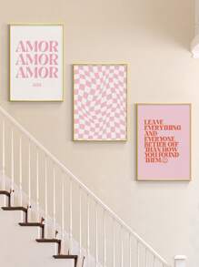 3入組現代簡約風格抽象扭結撞色字母設計藝術帆布印花適用於客廳臥室不附框架可拆卸牆面裝飾 - 彩色 - 查看 6