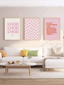 3入組現代簡約風格抽象扭結撞色字母設計藝術帆布印花適用於客廳臥室不附框架可拆卸牆面裝飾 - 彩色 - 查看 1