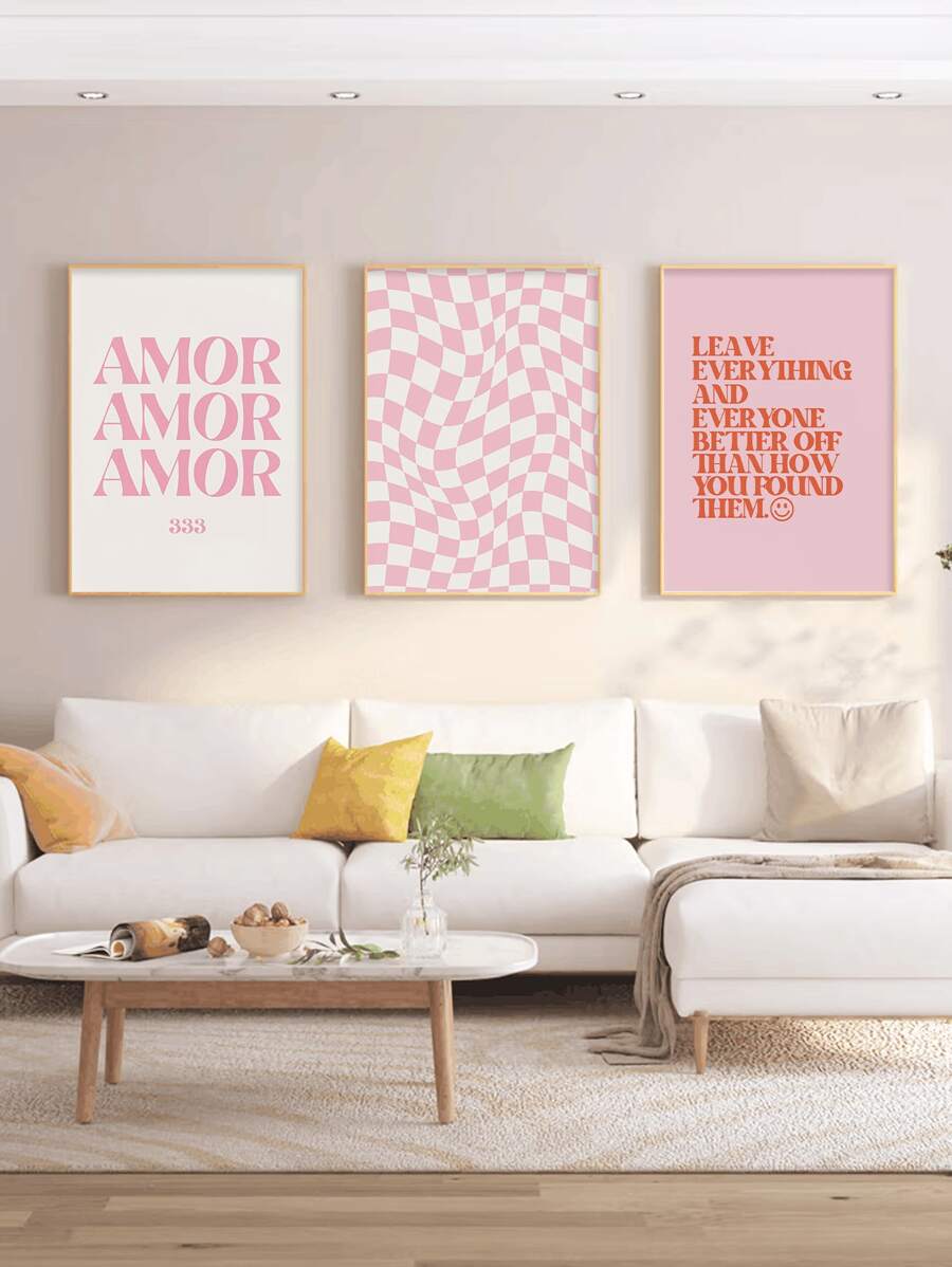 3入組現代簡約風格抽象扭結撞色字母設計藝術帆布印花適用於客廳臥室不附框架可拆卸牆面裝飾 - 彩色 - 查看 1