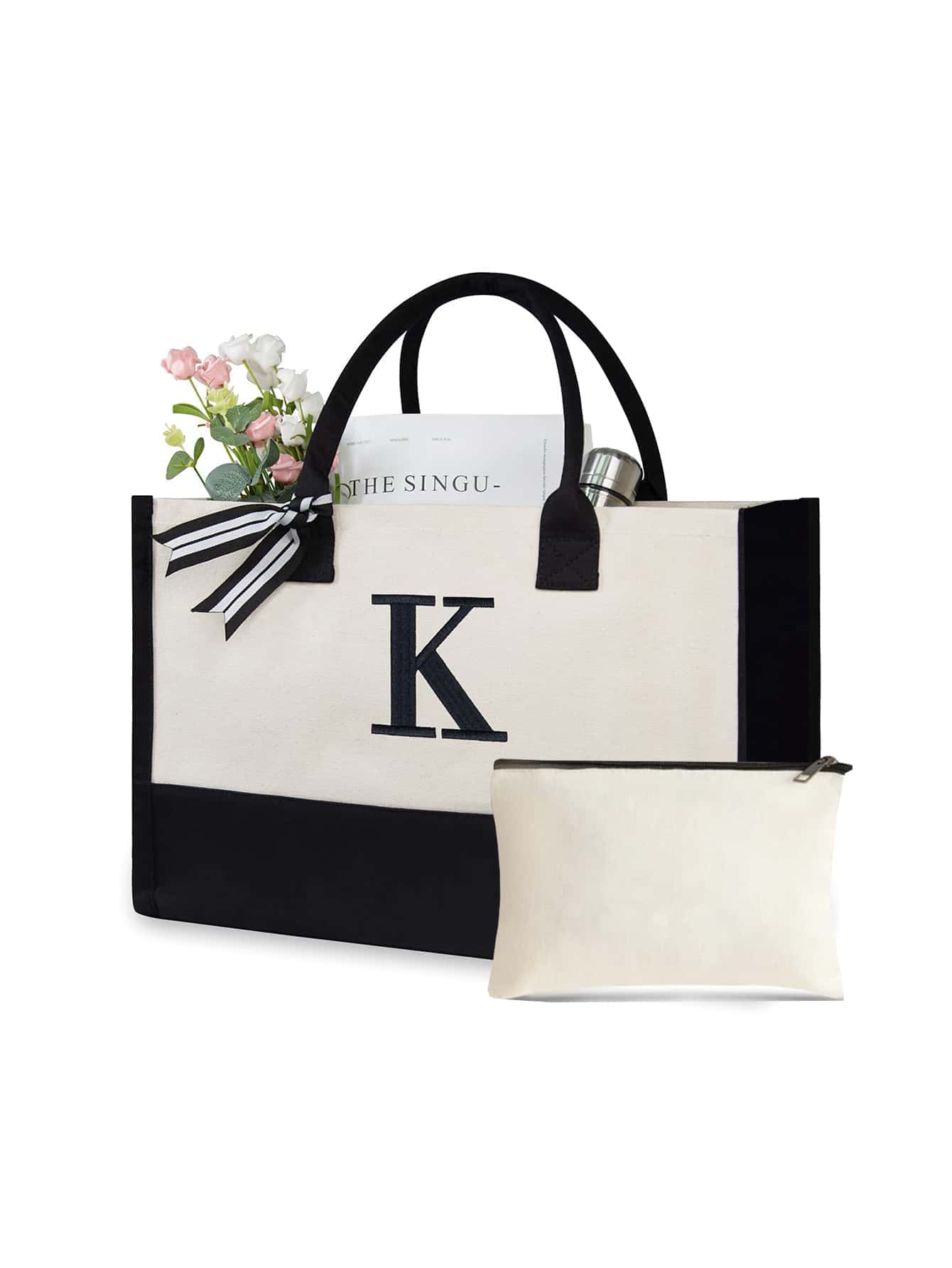 1套裝最初帆布托特包,個性化禮物包,合適適合婚禮,生日,海灘,假期,書包,是A偉大禮品適合女士,媽媽,教師,朋友們,伴娘,學生,大包,返校,圍巾隨機,老師托特包 - 黑與白 - 查看 1