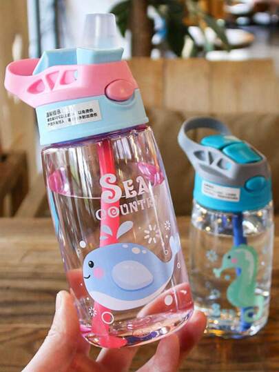 1 Pieza  Taza con pajita para niños de 480ml, linda taza de dibujos animados, botella de agua para guardería, asa práctica, tapa de un toque para beber, invertida sin fugas