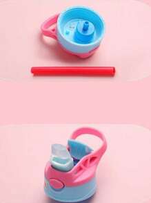 1 Pieza  Taza con pajita para niños de 480ml, linda taza de dibujos animados, botella de agua para guardería, asa práctica, tapa de un toque para beber, invertida sin fugas - Rosa - Ver 4