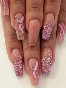 24 Unids/set De Uñas Postizas Estilo Ballet Ondulado Brillante Degradado Con Estilo Ins Para Chicas Europeas Y Americanas - Multicolor - Ver 1