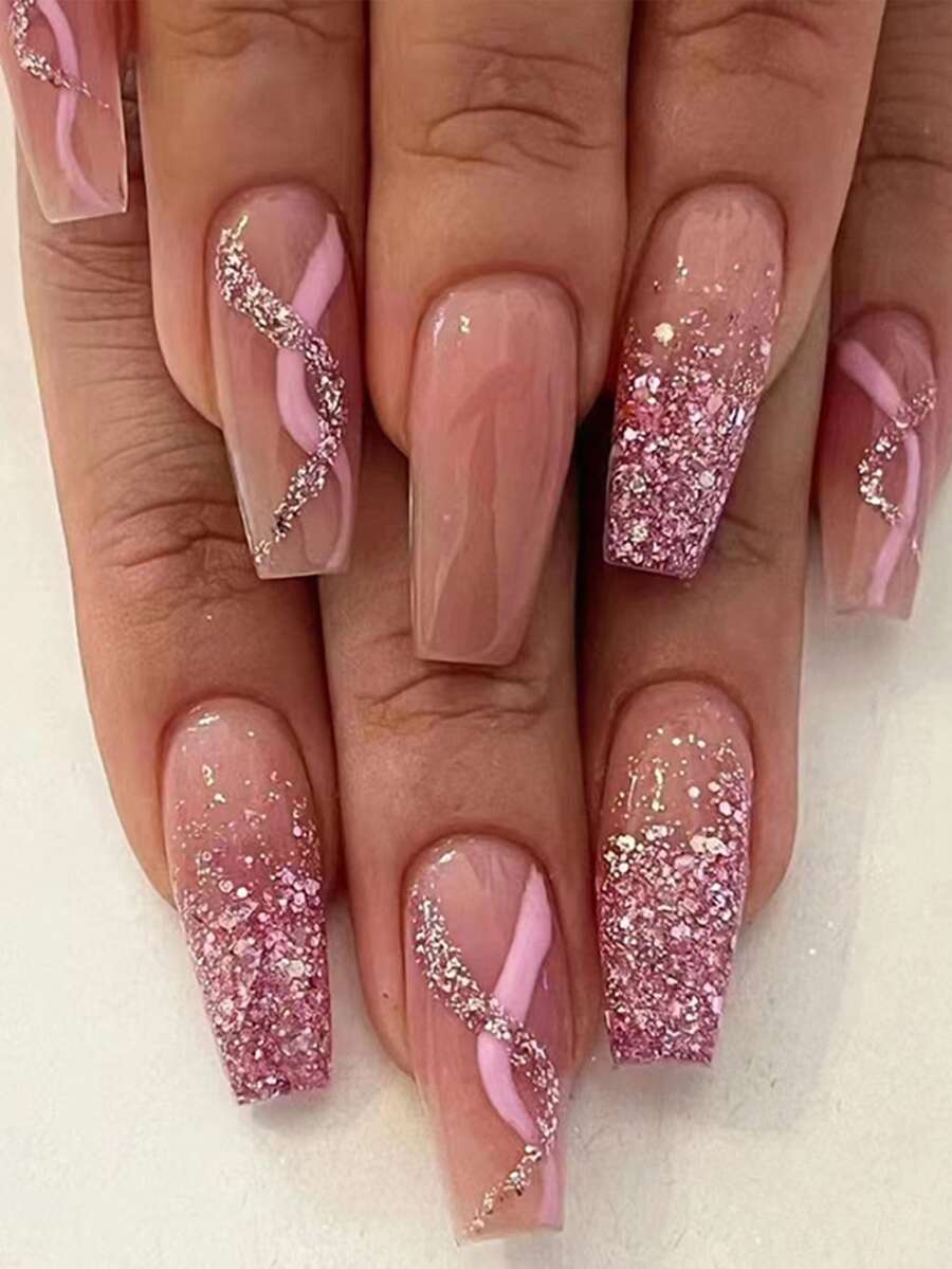 24 Unids/set De Uñas Postizas Estilo Ballet Ondulado Brillante Degradado Con Estilo Ins Para Chicas Europeas Y Americanas - Multicolor - Ver 1