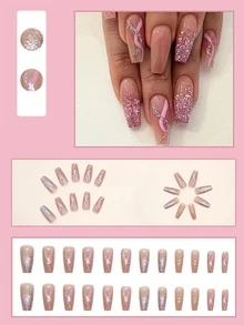 24 Unids/set De Uñas Postizas Estilo Ballet Ondulado Brillante Degradado Con Estilo Ins Para Chicas Europeas Y Americanas - Multicolor - Ver 2