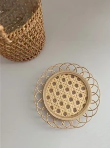 1pc Bamboo Coaster, Minimalist Hollow Out Table Cup Coaster For Home - Khaki - View 3