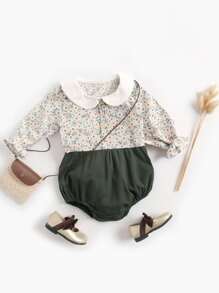 Infant Girls' Cute Floral Print Ruffle Collar 2 In 1 Long Sleeve Bodysuit For Spring And Autumn And Winter - Green - View 1