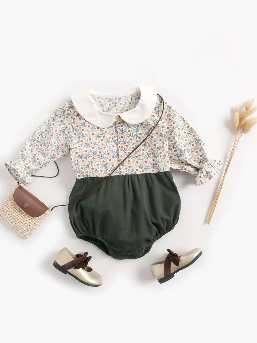 Infant Girls' Cute Floral Print Ruffle Collar 2 In 1 Long Sleeve Bodysuit For Spring And Autumn And Winter - Green - View 1