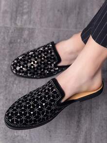Men's Comfortable Outdoor Half Slippers With Premium Rhinestone Decoration, PU Leather - Black - View 5
