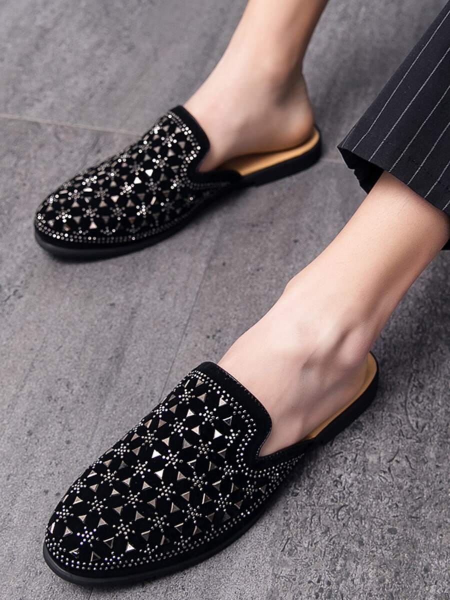 Men's Comfortable Outdoor Half Slippers With Premium Rhinestone Decoration, PU Leather - Black - View 1