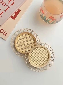 1pc Bamboo Coaster, Minimalist Hollow Out Table Cup Coaster For Home - Khaki - View 5