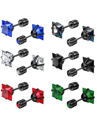 6 Pairs Punk Hip Hop Stainless Steel Square Cubic Zirconia Stud Earrings, CZ Earrings Suitable For Men's Daily Wear, Father's Day Gift, Fashion Jewelry Set