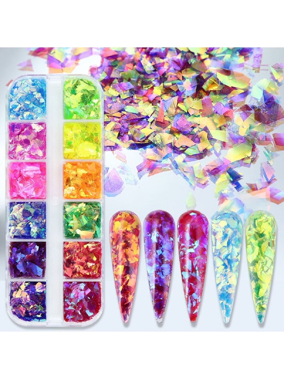 12 Compartments Colorful Asymmetric Sequin Decorations, Shiny Mermaid Candy Confetti, Suitable For Nail Art Design, Nail Art Accessories, DIY Nail Jewelry, Nail Gems, Nail Supplies Nails