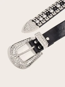 1條女士鑲嵌鑽石腰帶，西部牛仔復古閃亮水晶鑲嵌Pu皮革腰帶，適用於牛仔褲 - 黑色 - 查看 3