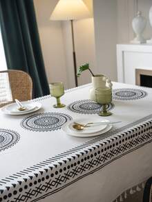 1pc Bohemian Fringe Rectangle Texture Decor Tablecloth, Suitable For Indoor/outdoor Dining/party - Black and White - View 7