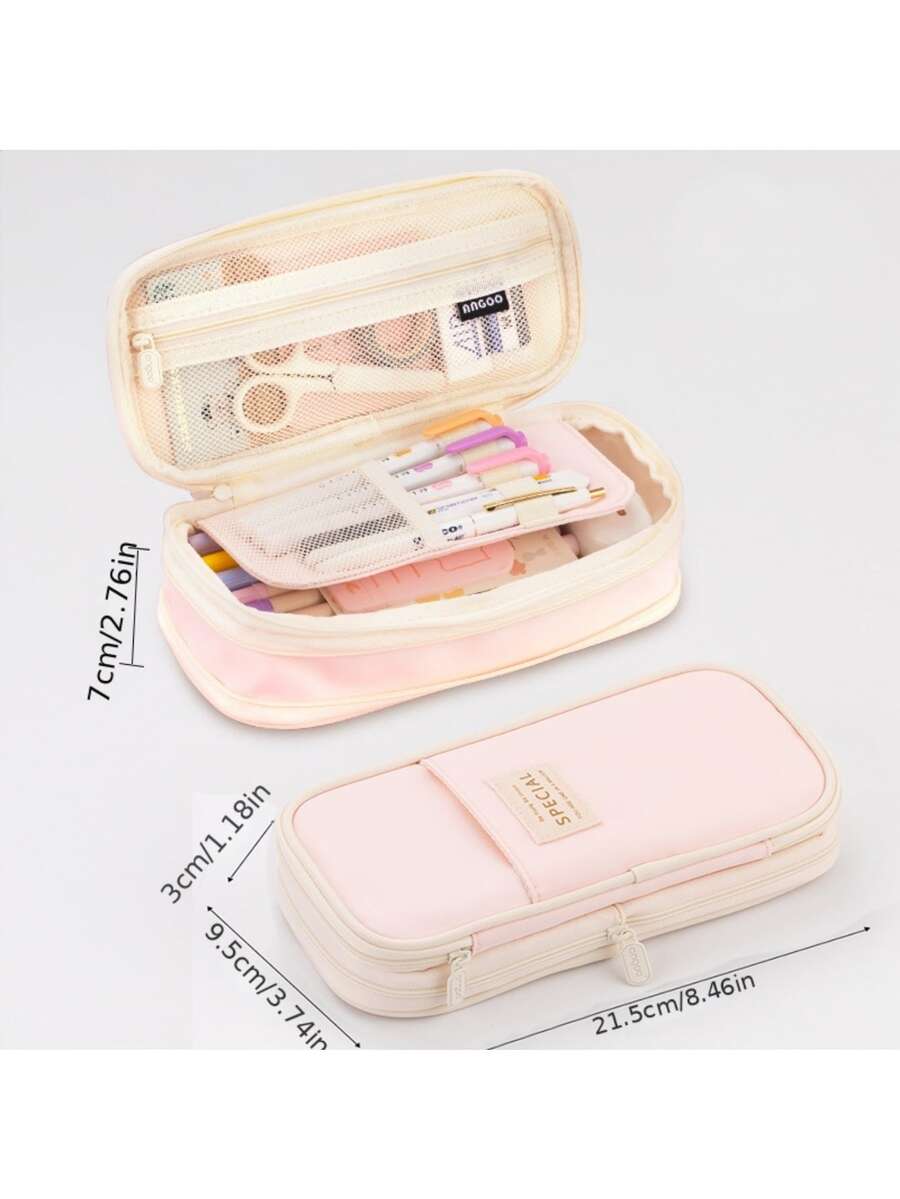 1pc Expandable Pencil Case With Compartments, Large Capacity Pencil Cases Pencil Bag Pouch, Portable Pencil Case Large School Stationery Organizer, Makeup Cosmetic Bag - Pink - View 1