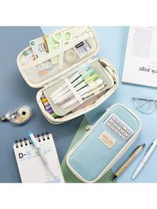 1pc Expandable Pencil Case With Compartments, Large Capacity Pencil Cases Pencil Bag Pouch, Portable Pencil Case Large School Stationery Organizer, Makeup Cosmetic Bag - Pink - View 3