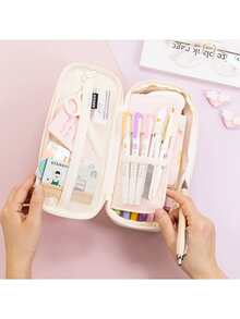 1pc Expandable Pencil Case With Compartments, Large Capacity Pencil Cases Pencil Bag Pouch, Portable Pencil Case Large School Stationery Organizer, Makeup Cosmetic Bag - Pink - View 5