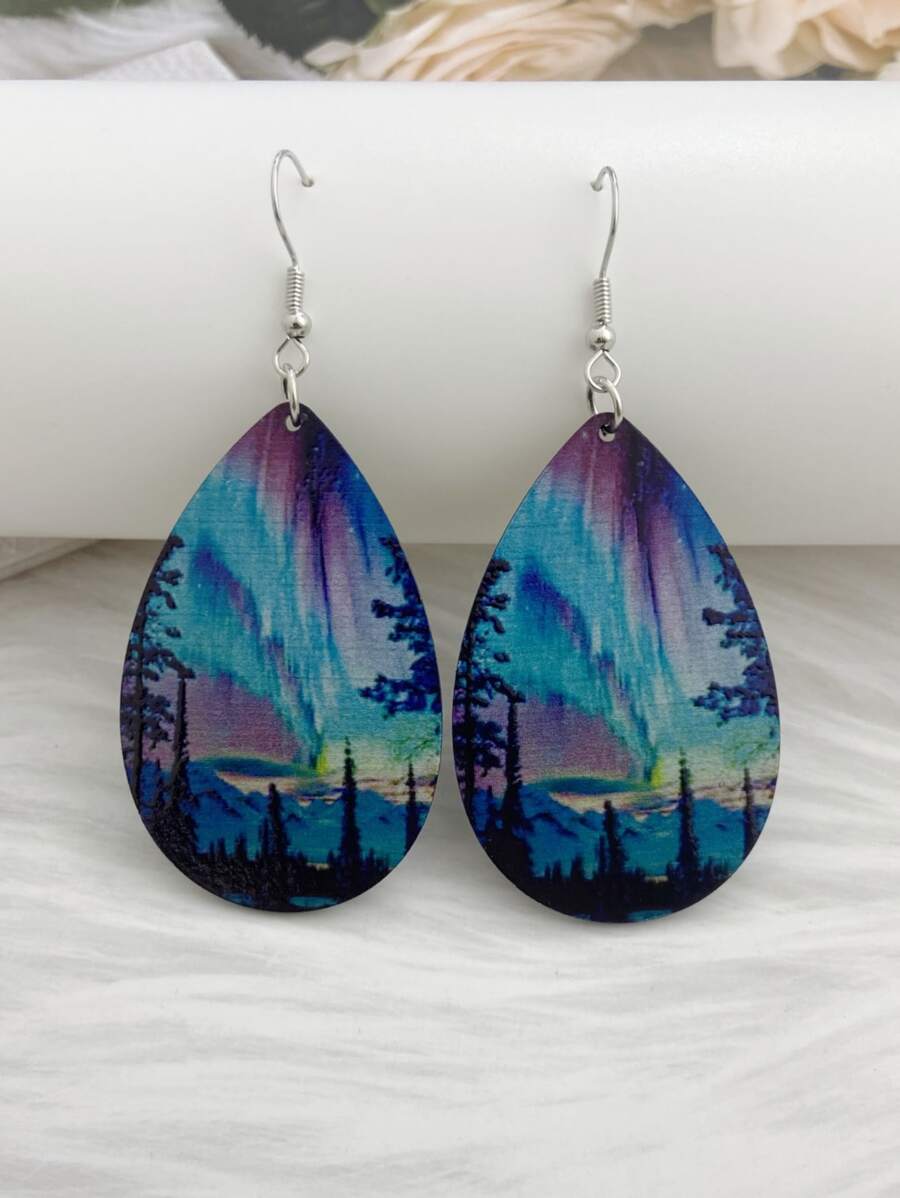 1對極光山湖風景印花淚滴形懸垂耳環波西m亞經典款式精美女性禮品 - 彩色 - 查看 1