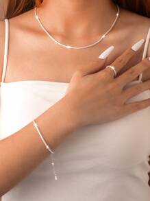 3入組個人電腦可愛和精美女孩心復古趨勢歐美銅繩索單層項鍊帶1手環和1圓環,合適的適用於女性日常海灘,派對,和禮物 - 銀色 - 查看 1