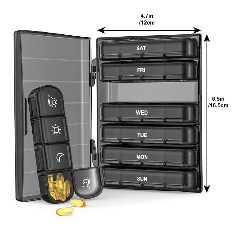 Weekly Pill Organizer 4 Times A Day, Large Daily Pill Box 7 Day Portable For Travel, Light-Proof Pill Case For Fish Oils, Vitamins, Supplements, Medication - Black - View 2