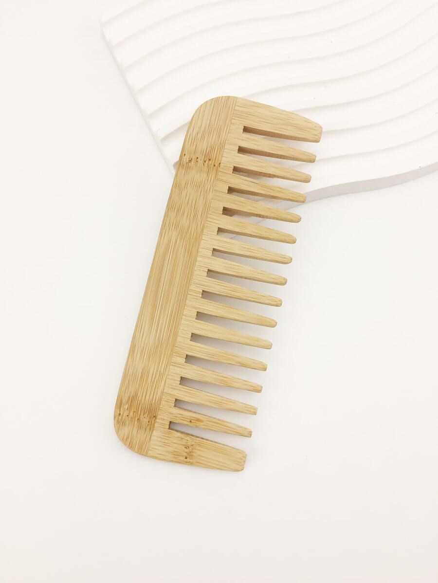 1pc Bamboo & Wood Hair Comb With Wide Teeth & Texture Design, For Oil Control & Massaging, Suitable For Straight & Curly & Knotted Hair - Yellow - View 1