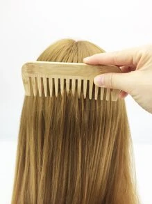 1pc Bamboo & Wood Hair Comb With Wide Teeth & Texture Design, For Oil Control & Massaging, Suitable For Straight & Curly & Knotted Hair - Yellow - View 4