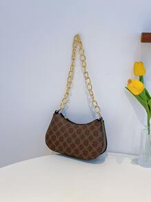 Geometric Pattern Mini Fashionable Pu Shoulder Bag With Metal Chain - Coffee Brown - View 5