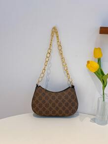 Geometric Pattern Mini Fashionable Pu Shoulder Bag With Metal Chain - Coffee Brown - View 7