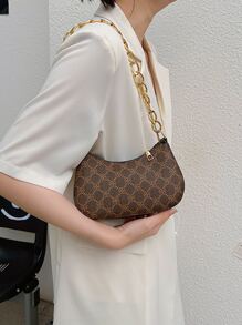 Geometric Pattern Mini Fashionable Pu Shoulder Bag With Metal Chain - Coffee Brown - View 9