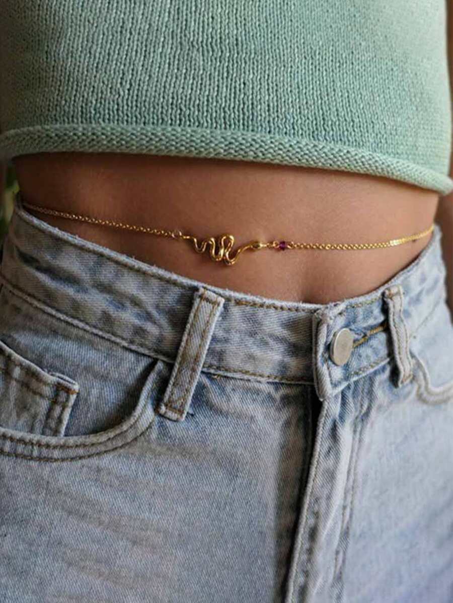 1pc Fashionable Exaggerated Geometric Snake Shaped Waist Chain, Beach Simple Vintage Design Body Chain - Gold - View 1