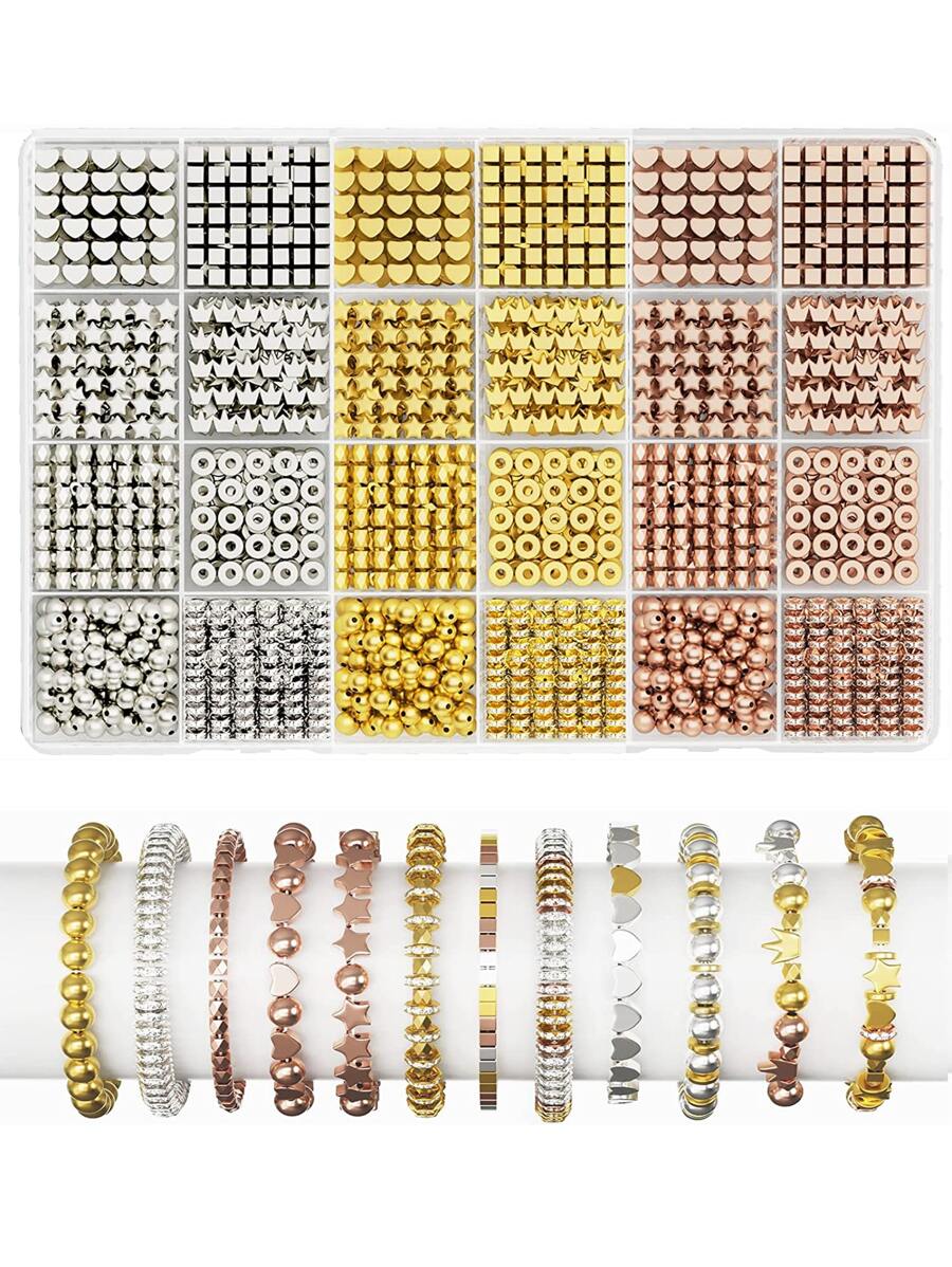 1200Pieces Gold Spacer Beads Set, Assorted Round Star Gold Beads for Bracelet Jewelry Making(Gold, Sliver, Rose Gold) - White - View 1