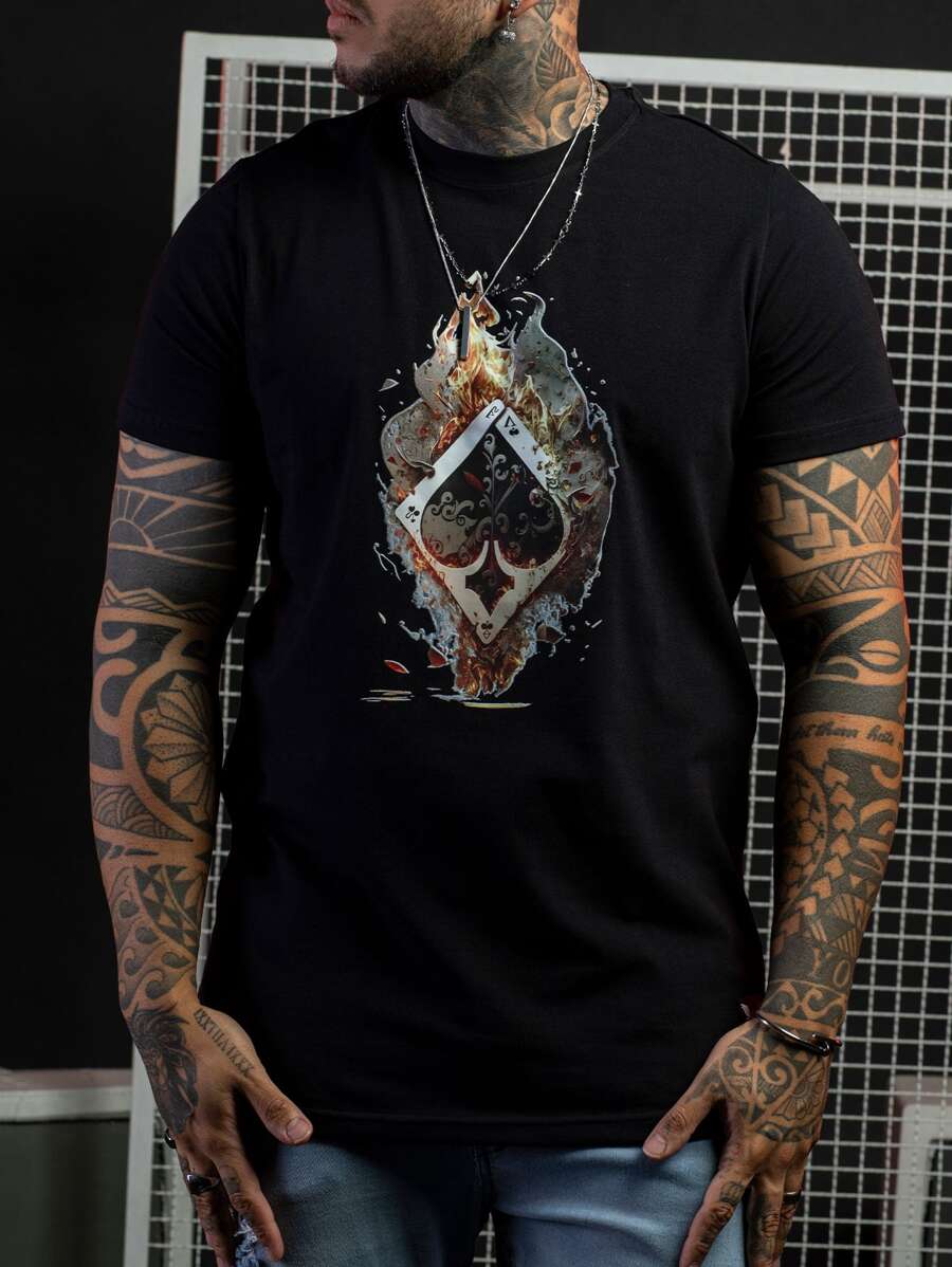 Camiseta Gola Careca estampada em alta definição carta fogo 100% algodão - Preto - Visão 1