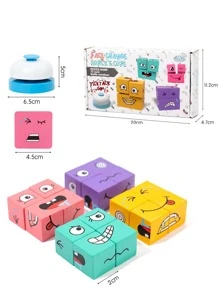 可變換表情魔術方塊積木拼圖，由16個木質方塊、72張卡片和1個鈴鐺組成的兒童教育和互動玩具，適用於學校、學生、文具和學用品 - 彩色 - 查看 4