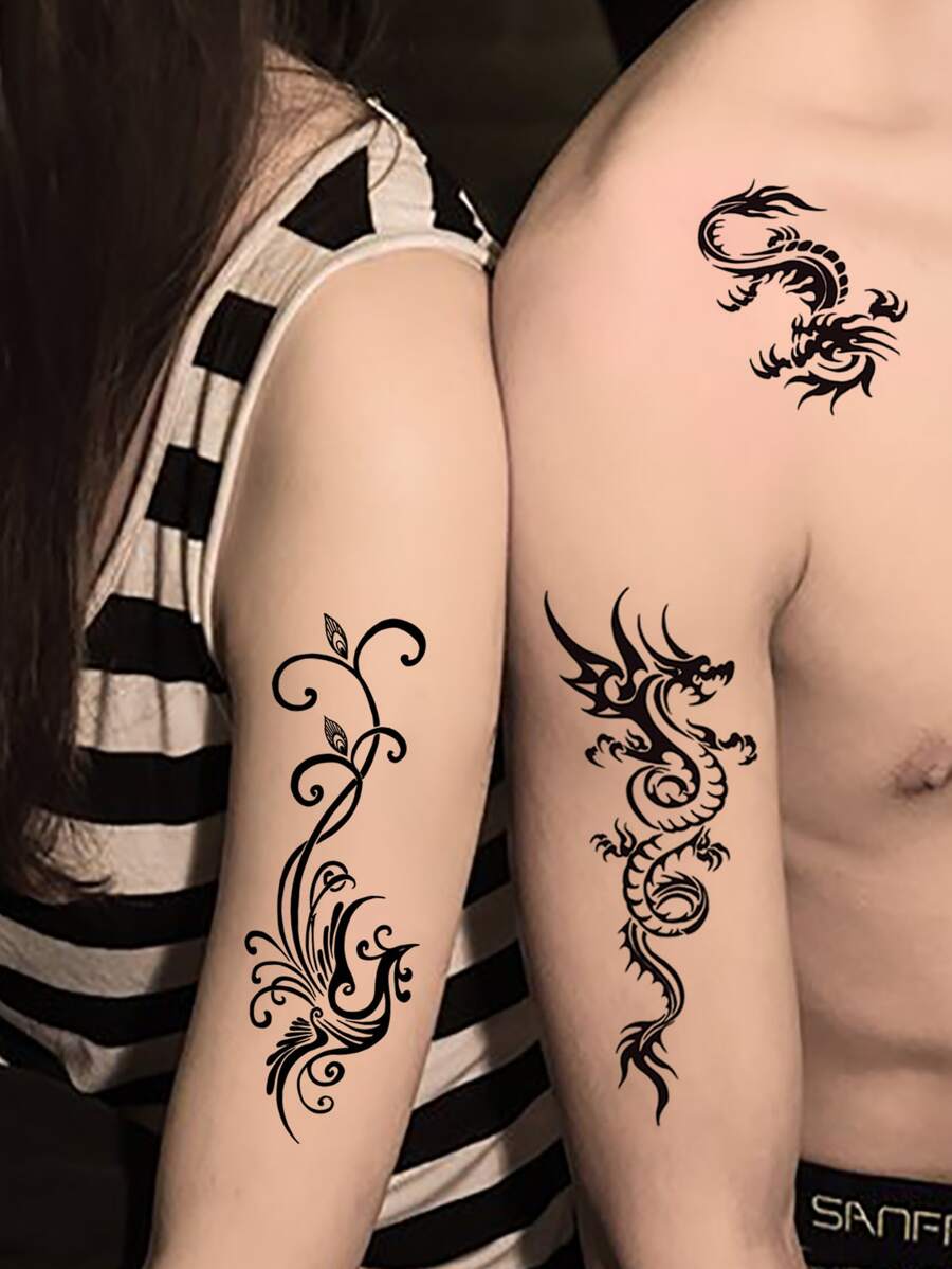 2 piezas/set Etiqueta engomada del tatuaje temporal fénix & en forma de dragón adecuado para de parejas usar - Negro - Ver 1