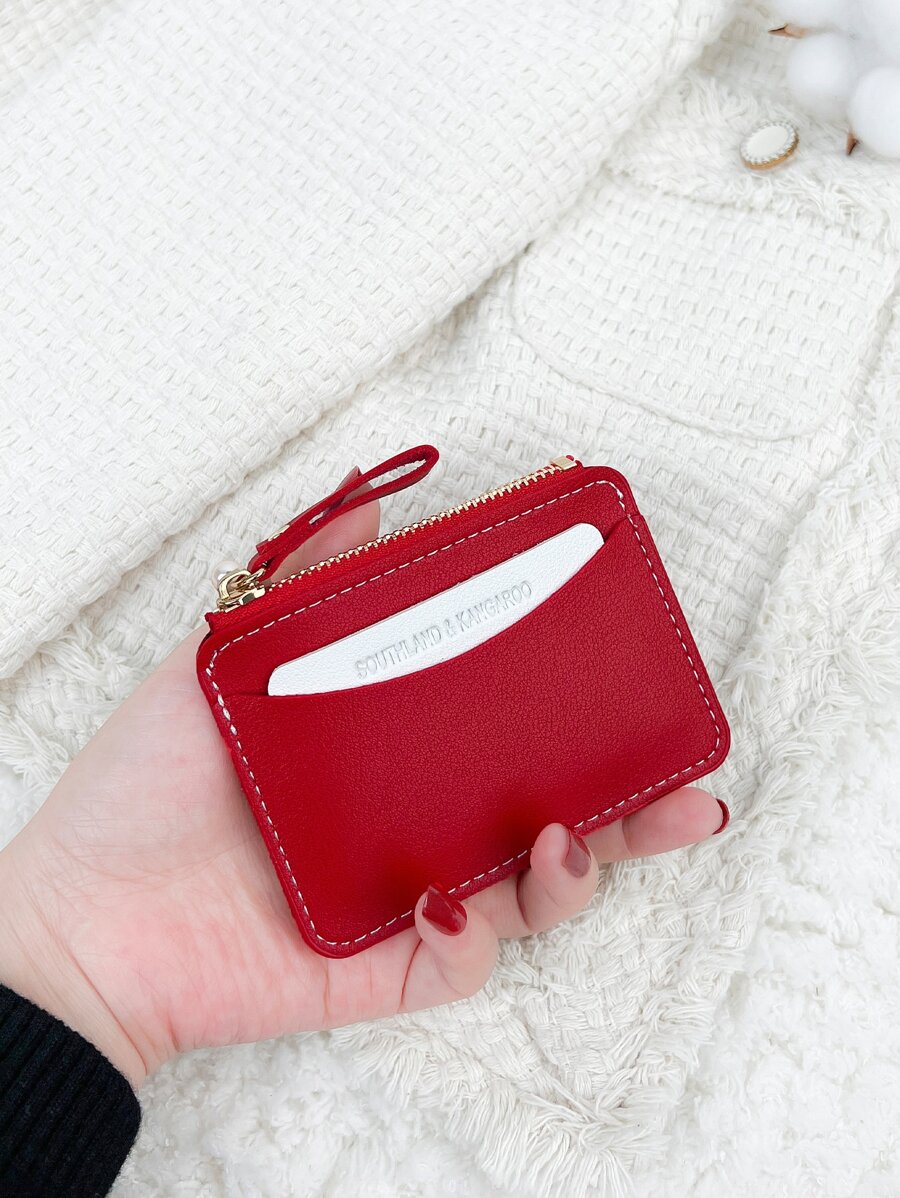 SOUTHLAND&KANGAROO Color Block Alphabet Pattern Pu Leather Portable Zipper Fashion Card Case Coin Purse Short Wallet Gift Accessories Present Gifts For Teachers Purse Card Holder Card Holder Wallet Business Card Holder Credit Card Holder Card Holder Women For Women Mini Wallet Card Wallet - Red - View 1