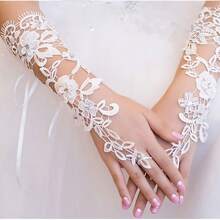 1 par Guantes de novia , Vestido de novia Guantes , nuevo estilo con perla con encaje recortado cristal corto Guantes - Blanco - Ver 2