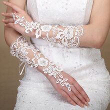 1 par Guantes de novia , Vestido de novia Guantes , nuevo estilo con perla con encaje recortado cristal corto Guantes - Blanco - Ver 3