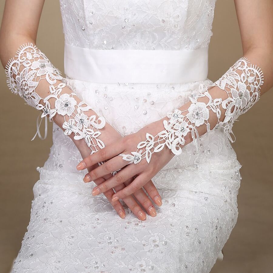 1 par Guantes de novia , Vestido de novia Guantes , nuevo estilo con perla con encaje recortado cristal corto Guantes - Blanco - Ver 1