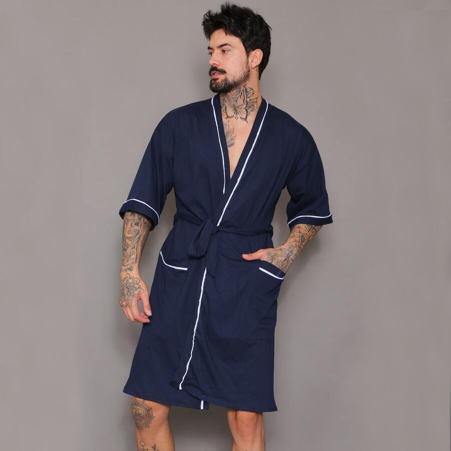 Roupão masculino de malha com bolsos - Azul - Visão 1