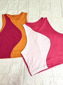 KEMERLING STUDIO Set De 2 Pïezas Crop Top Ajustado Bicolor Tejido Sin Mangas Tejido Acanalado Casual De Mujer - Multicolor - Ver 2