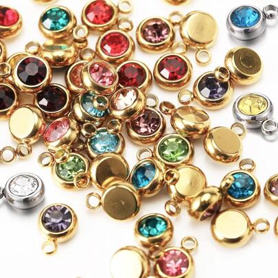 5pcs/10pcs Stainless Steel Plated Gold Colorful Rhinestones Decor Gemstone Charms Round Beads Birthstone Pendants For Diy Necklace/Bracelet/Key Chains Decoration Jewelry Findings Making
