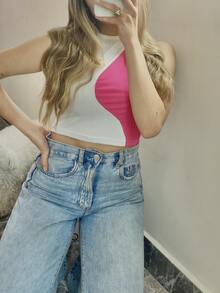 KEMERLING STUDIO Set De 2 Pïezas Crop Top Ajustado Bicolor Tejido Sin Mangas Tejido Acanalado Casual De Mujer - Multicolor - Ver 3
