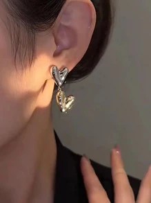 1pair European & American Style Metallic Dangle Earrings In Gold Color & Silver Color Mix, Heart Shaped, Women's Personalized Daily Accessories - Multicolor - View 3