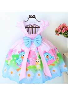 Vestido de Festa Temático Galinha Pintada Rosa Azul de Luxo e tiara