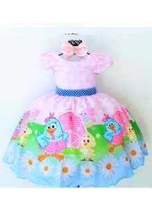 Vestido de Festa Temático Galinha Pintada Rosa Azul de Luxo e tiara